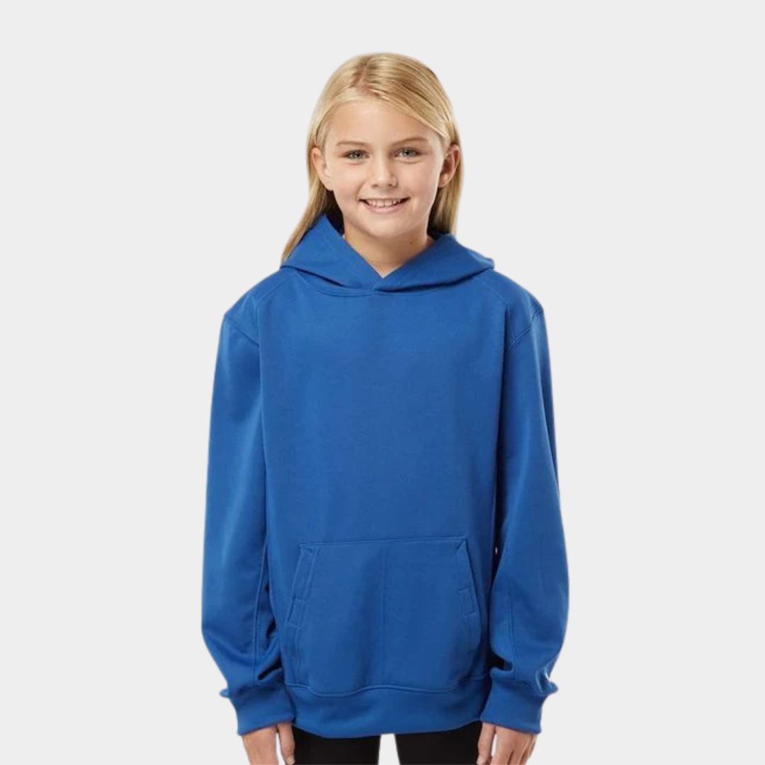 a blonde-haired child with a blue hoodie on, smiling