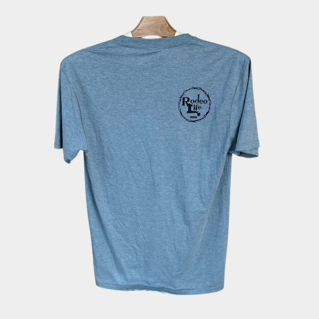 a blue t-shirt with rodeo life logo