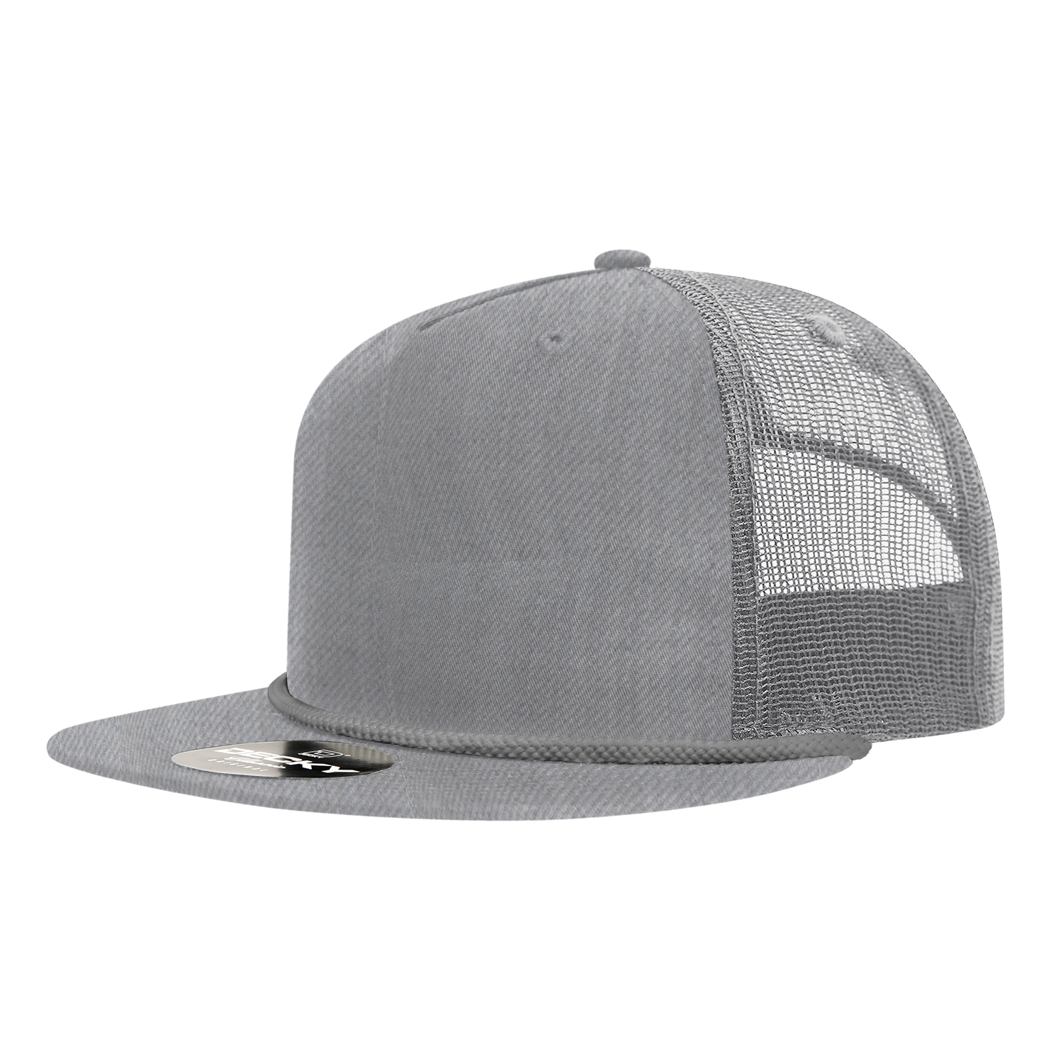 a grey mesh trucker hat with grey mesh and grey braiding