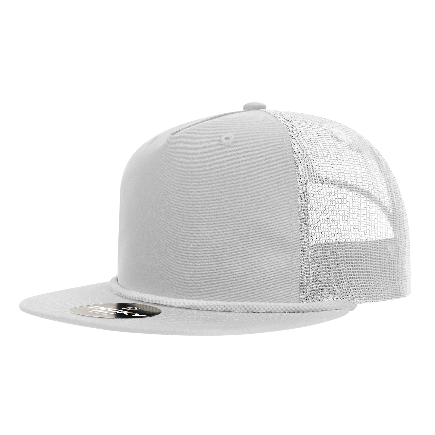 a white mesh trucker hat with white mesh and white braiding