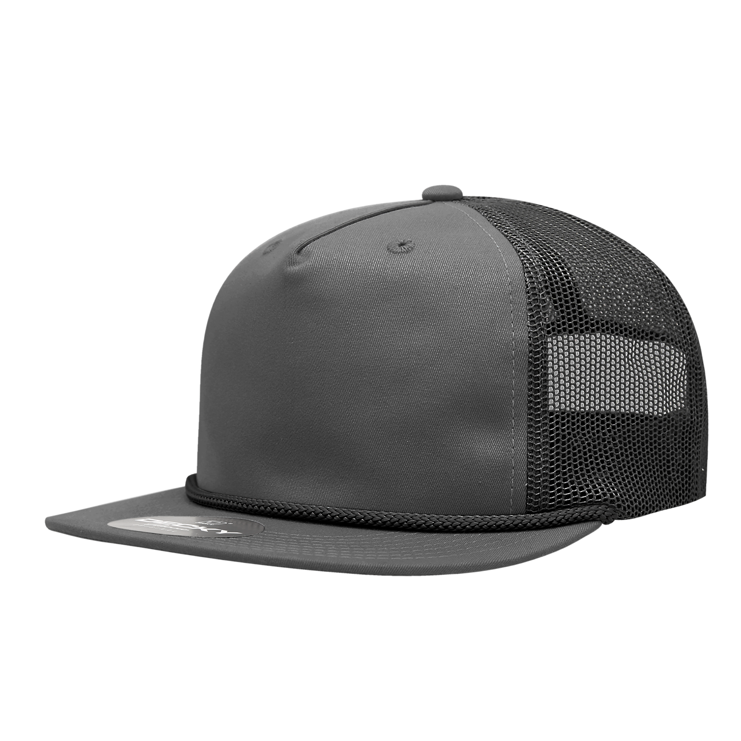a grey mesh trucker hat with black braiding