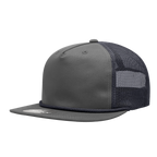 a grey mesh trucker hat with black braiding