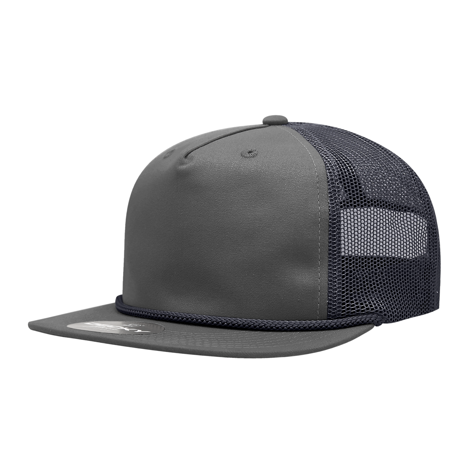 a grey mesh trucker hat with black braiding