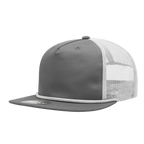 a grey mesh trucker hat with white mesh and white braiding