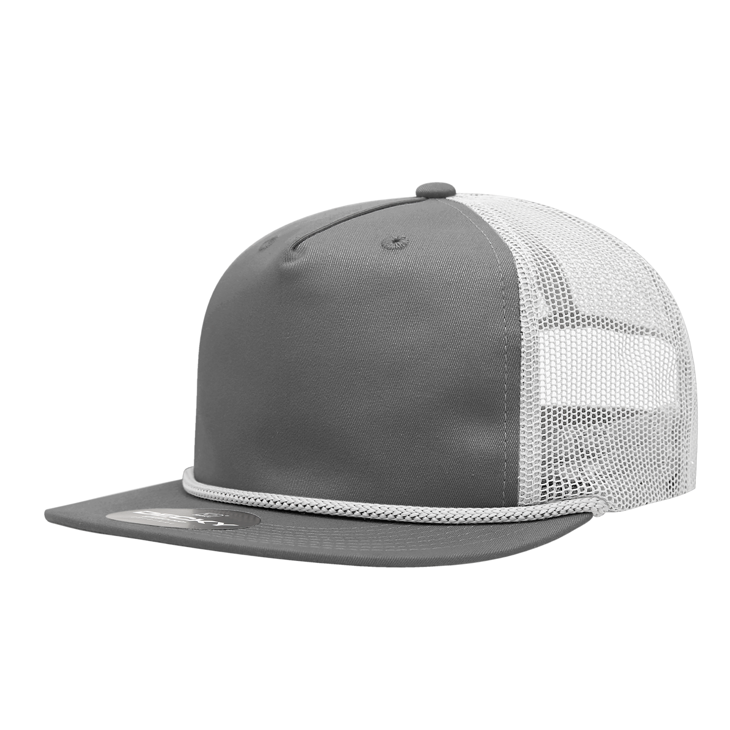 a grey mesh trucker hat with white mesh and white braiding