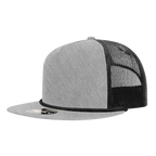 a grey mesh trucker hat with black mesh and black braiding