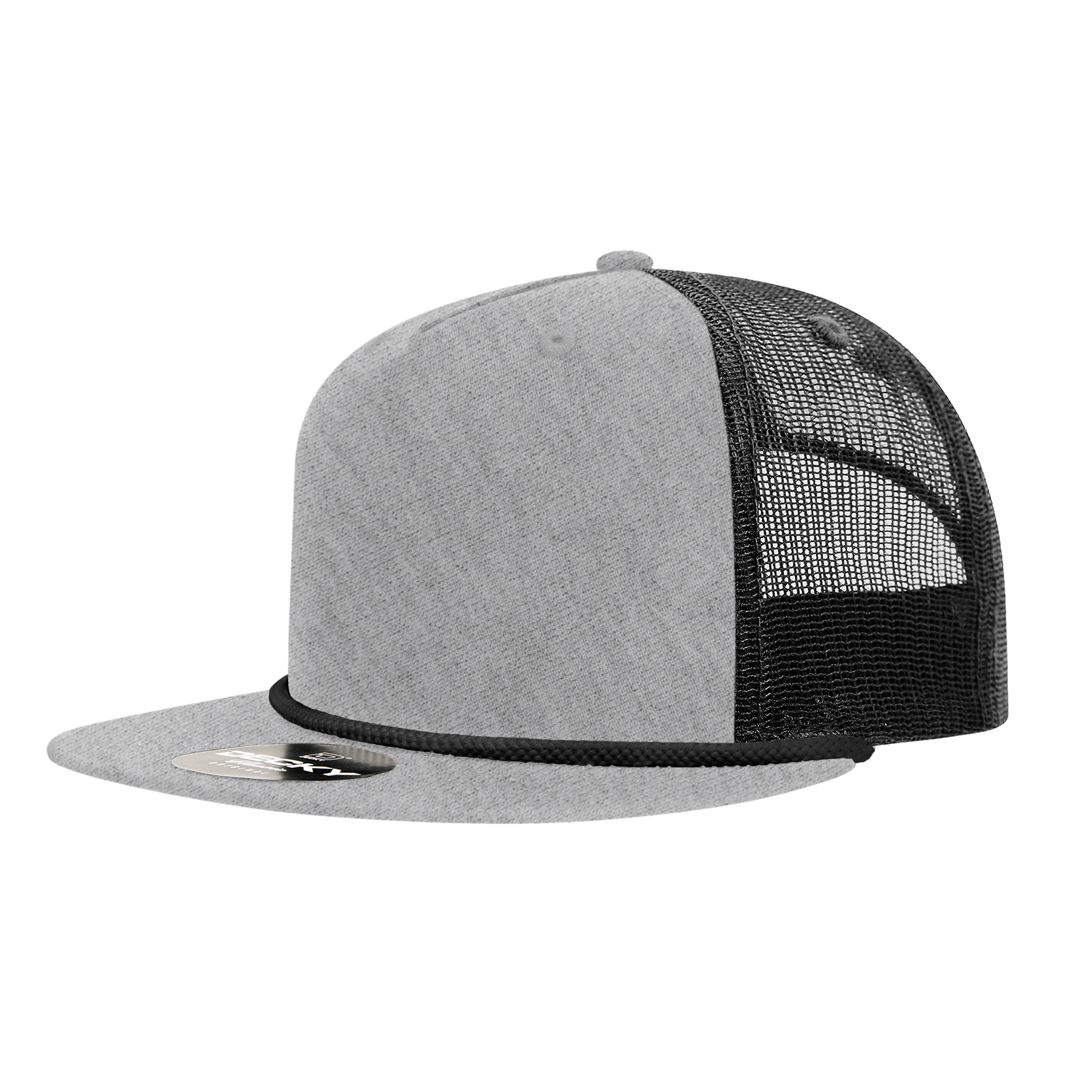 a grey mesh trucker hat with black mesh and black braiding