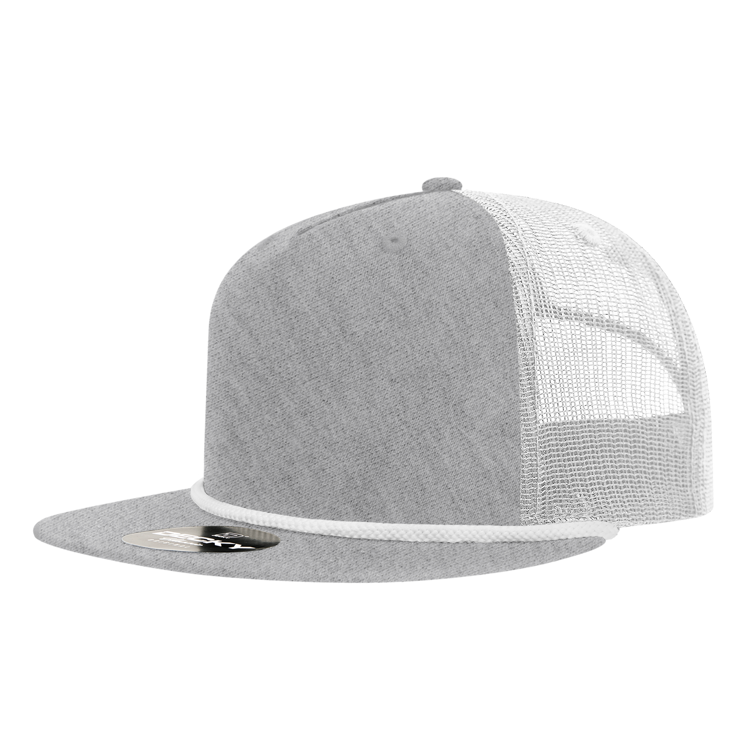 a grey mesh trucker hat with white mesh and white braiding