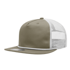 a green mesh trucker hat with white mesh and white braiding