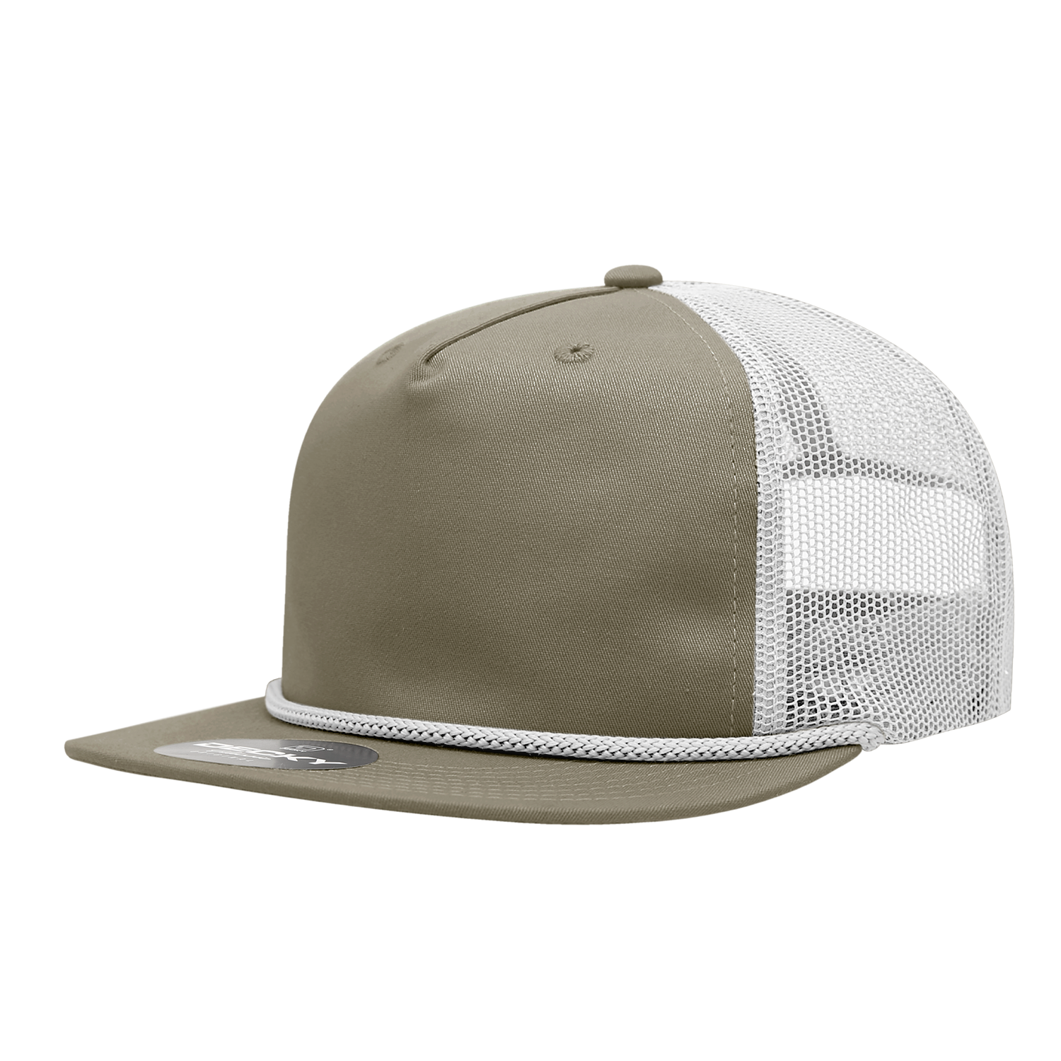 a green mesh trucker hat with white mesh and white braiding