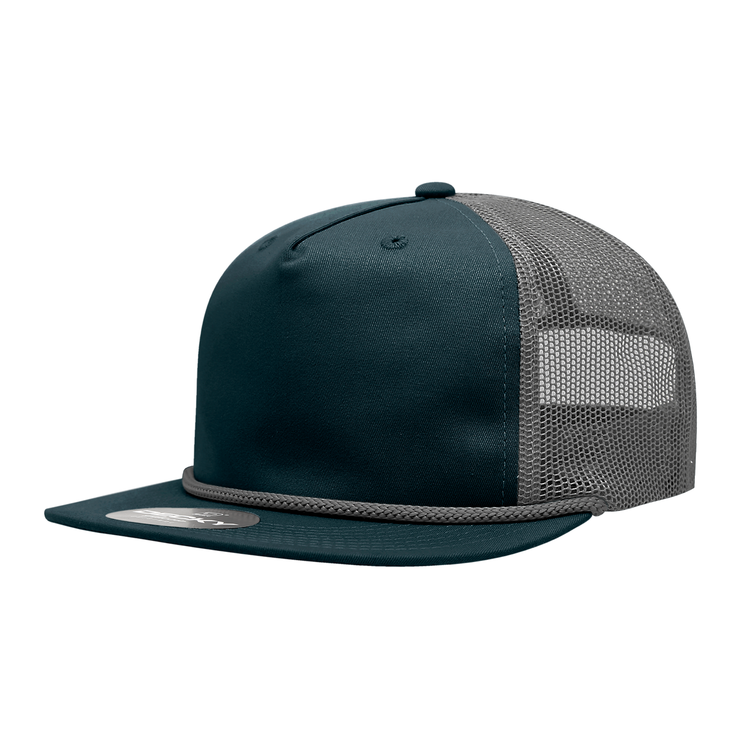 a navy blue mesh trucker hat with grey mesh