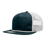 a navy blue mesh trucker hat with white mesh and white braiding