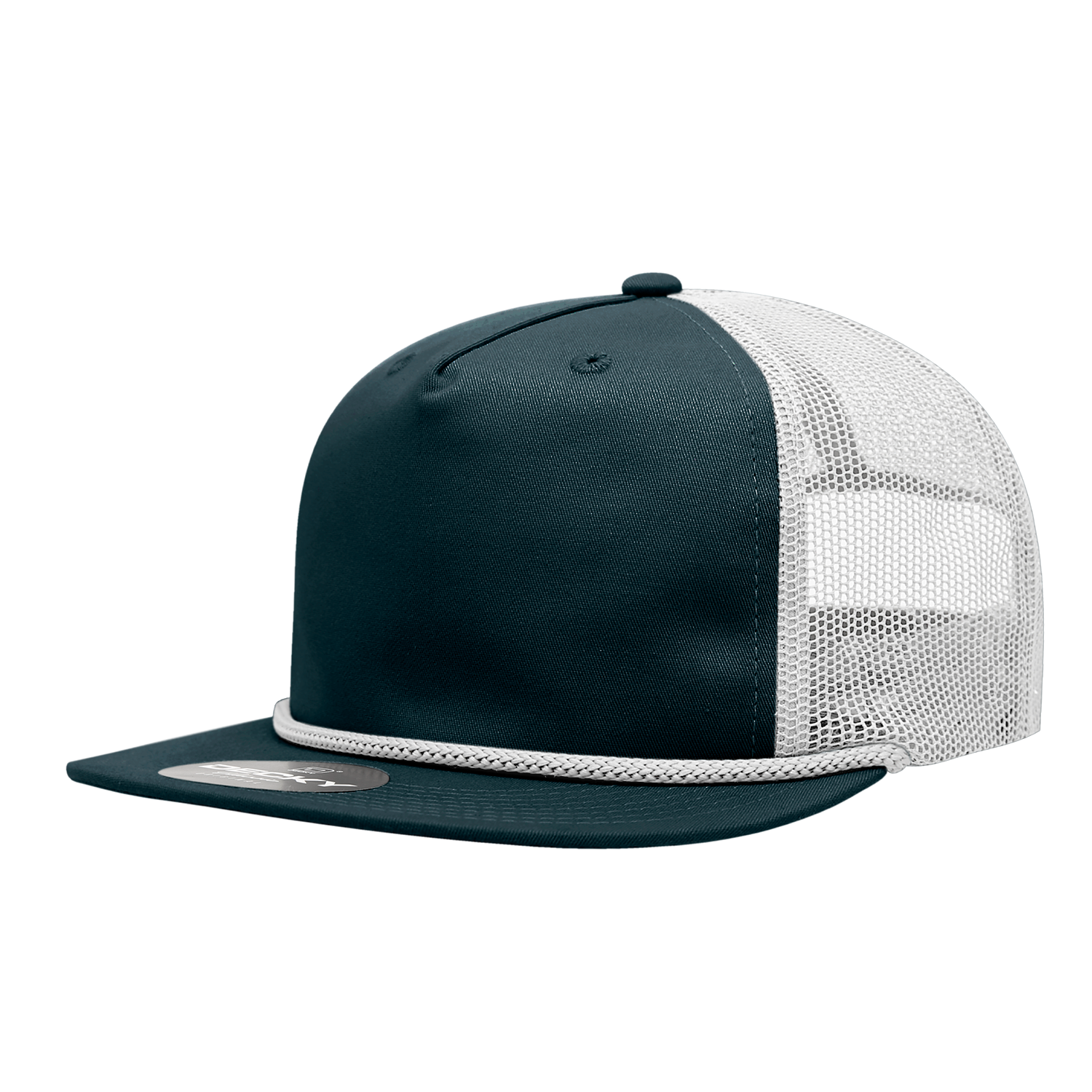 a navy blue mesh trucker hat with white mesh and white braiding