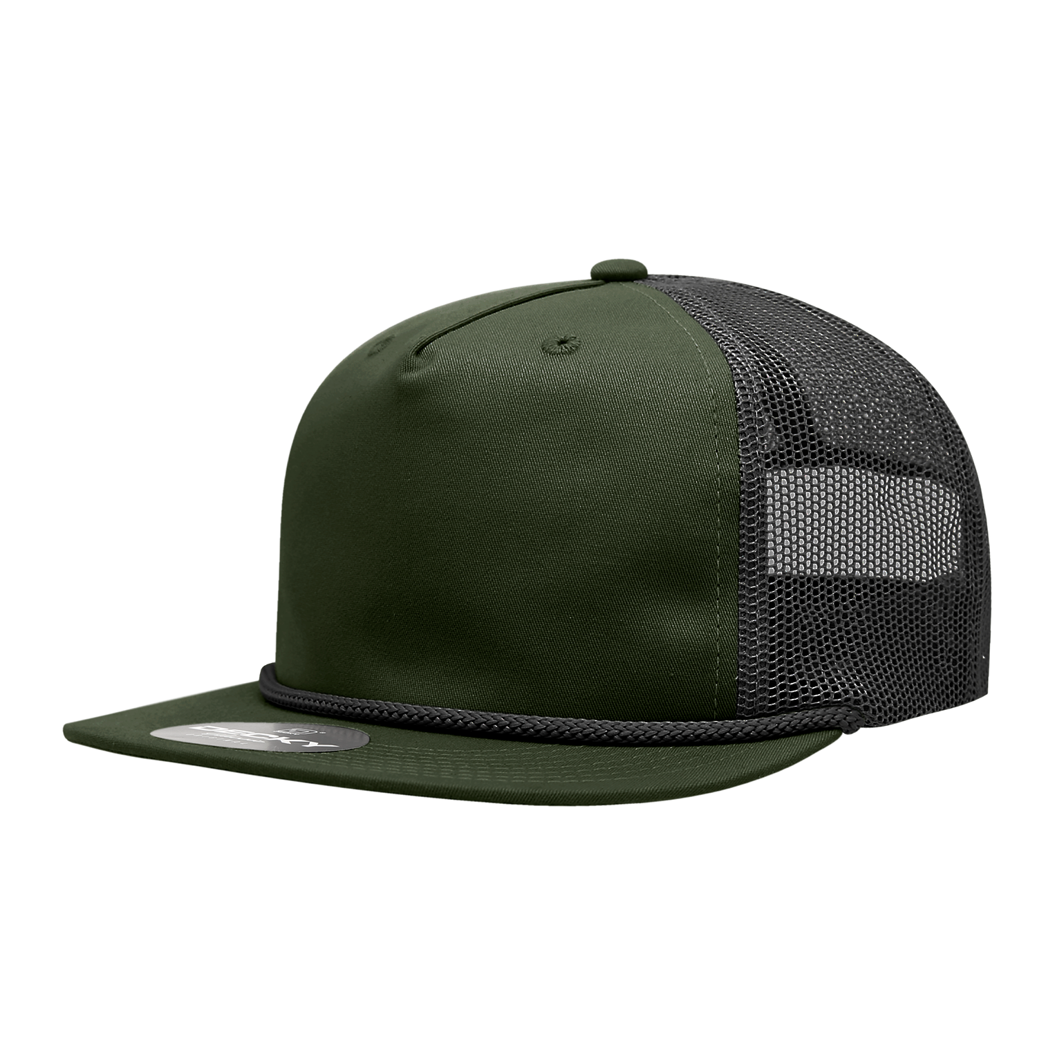 a dark green mesh trucker hat with black mesh and black braiding