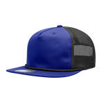 a royal blue mesh trucker hat with black mesh and black braiding