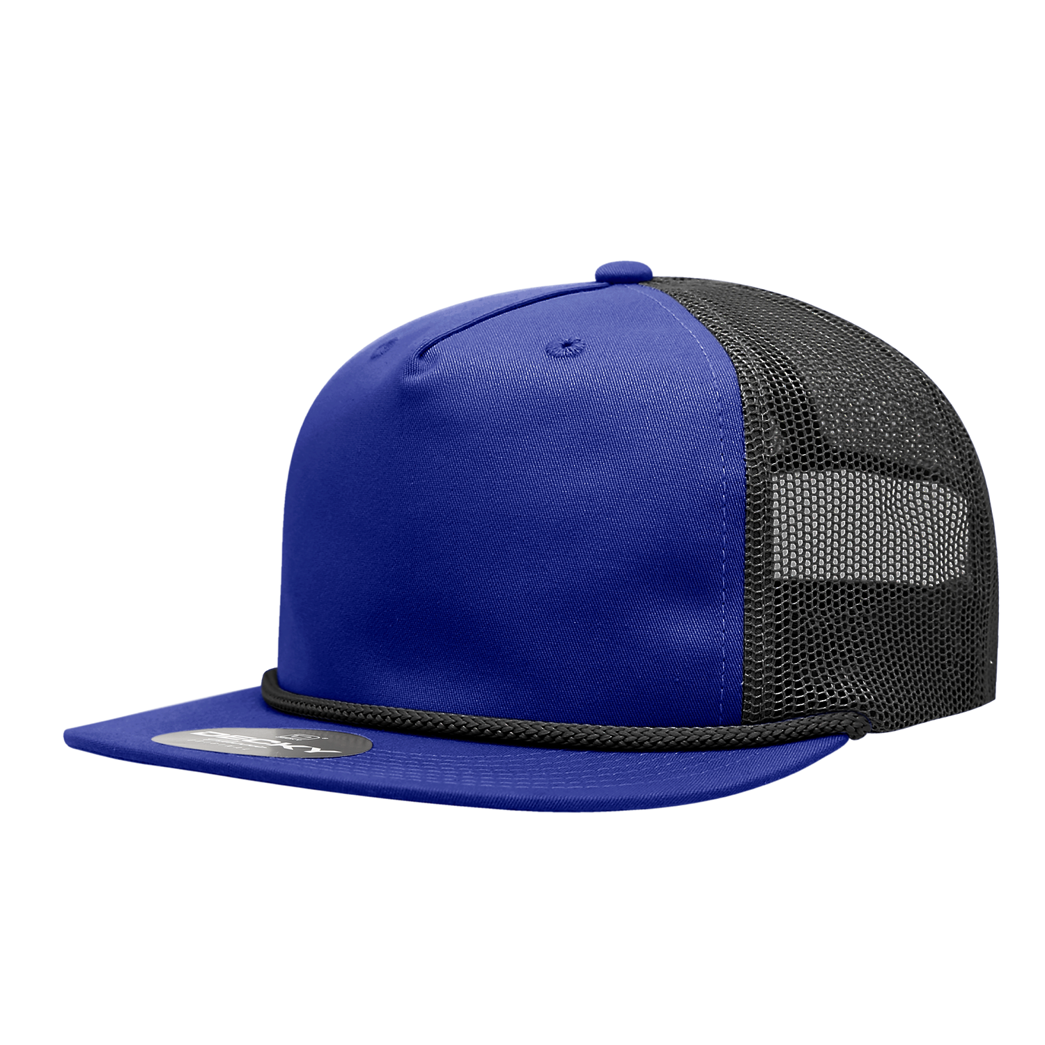 a royal blue mesh trucker hat with black mesh and black braiding