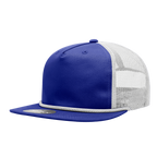 a royal blue mesh trucker hat with white mesh and white braiding