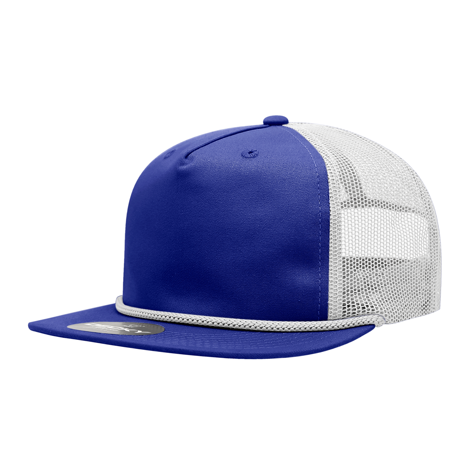a royal blue mesh trucker hat with white mesh and white braiding