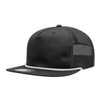 a black mesh trucker hat with white braiding