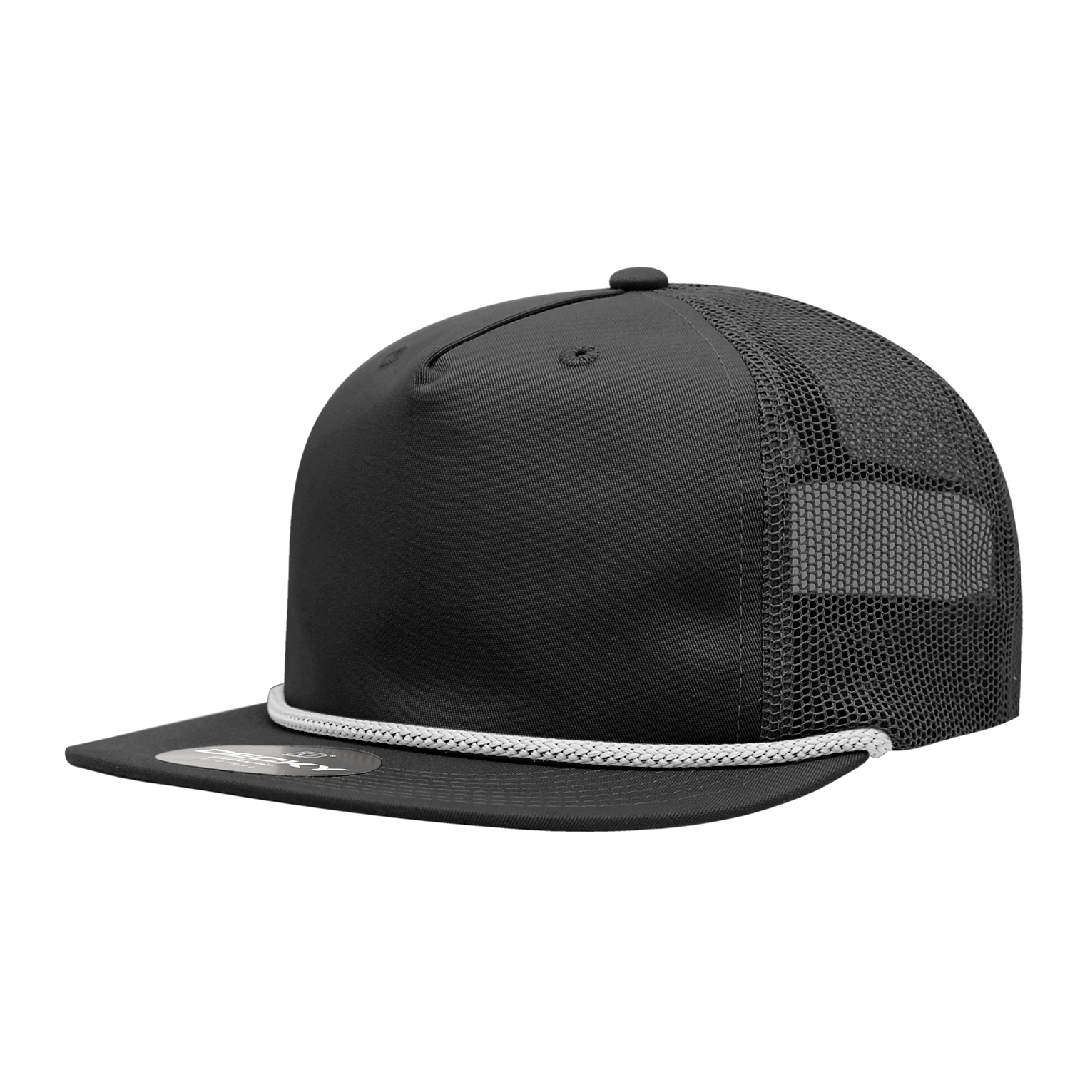 a black mesh trucker hat with white braiding