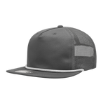 a grey mesh trucker hat with white braiding