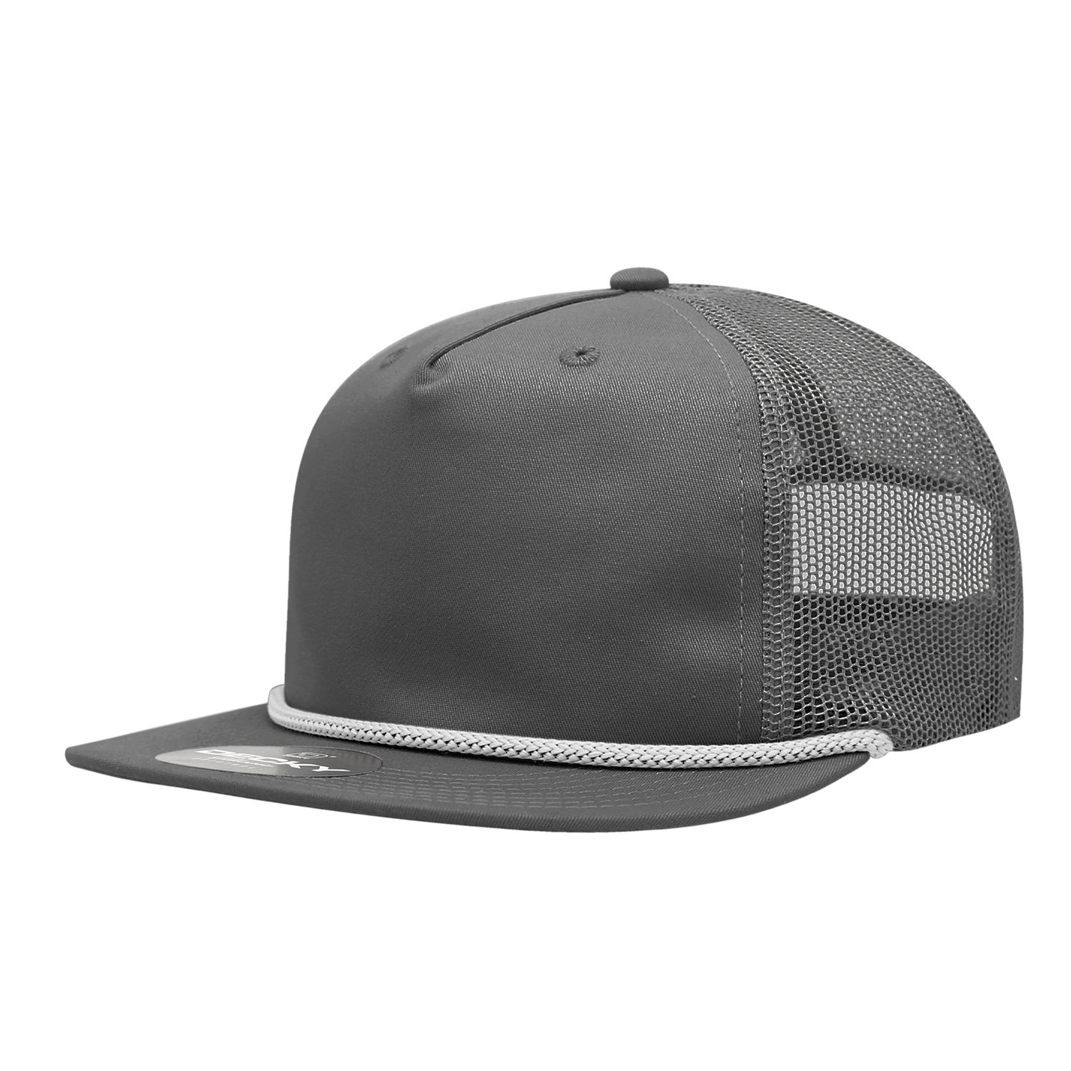 a grey mesh trucker hat with white braiding