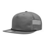 a grey mesh trucker hat with black braiding