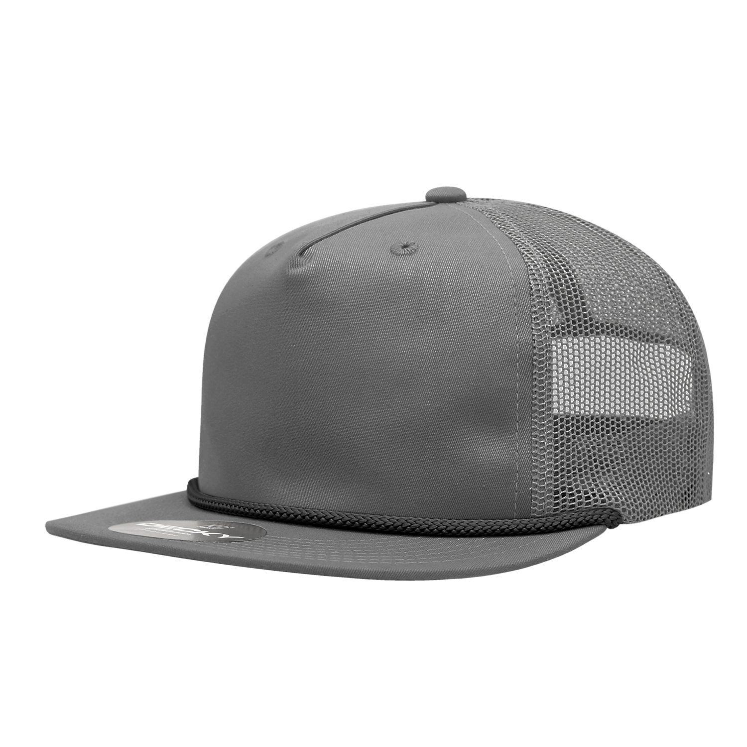 a grey mesh trucker hat with black braiding