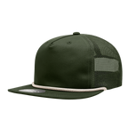 a dark green mesh trucker hat with black mesh and white braiding