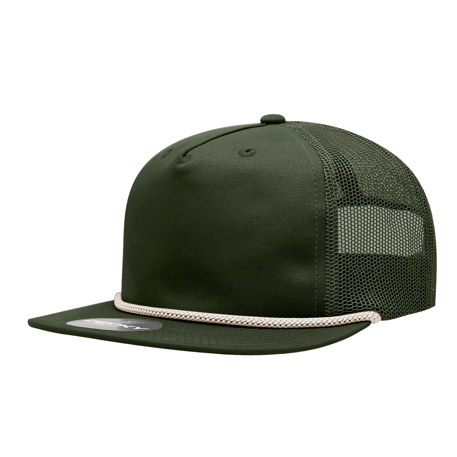 a dark green mesh trucker hat with black mesh and white braiding