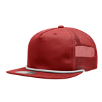 a red mesh trucker hat with red mesh and white braiding