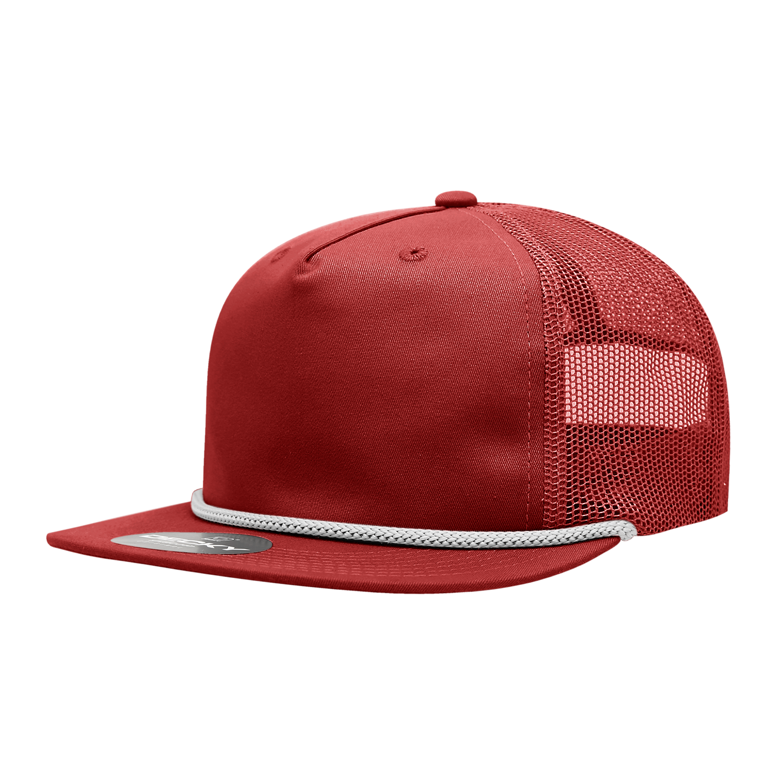 a red mesh trucker hat with red mesh and white braiding