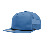 a royal mesh trucker hat with royal blue mesh and black braiding