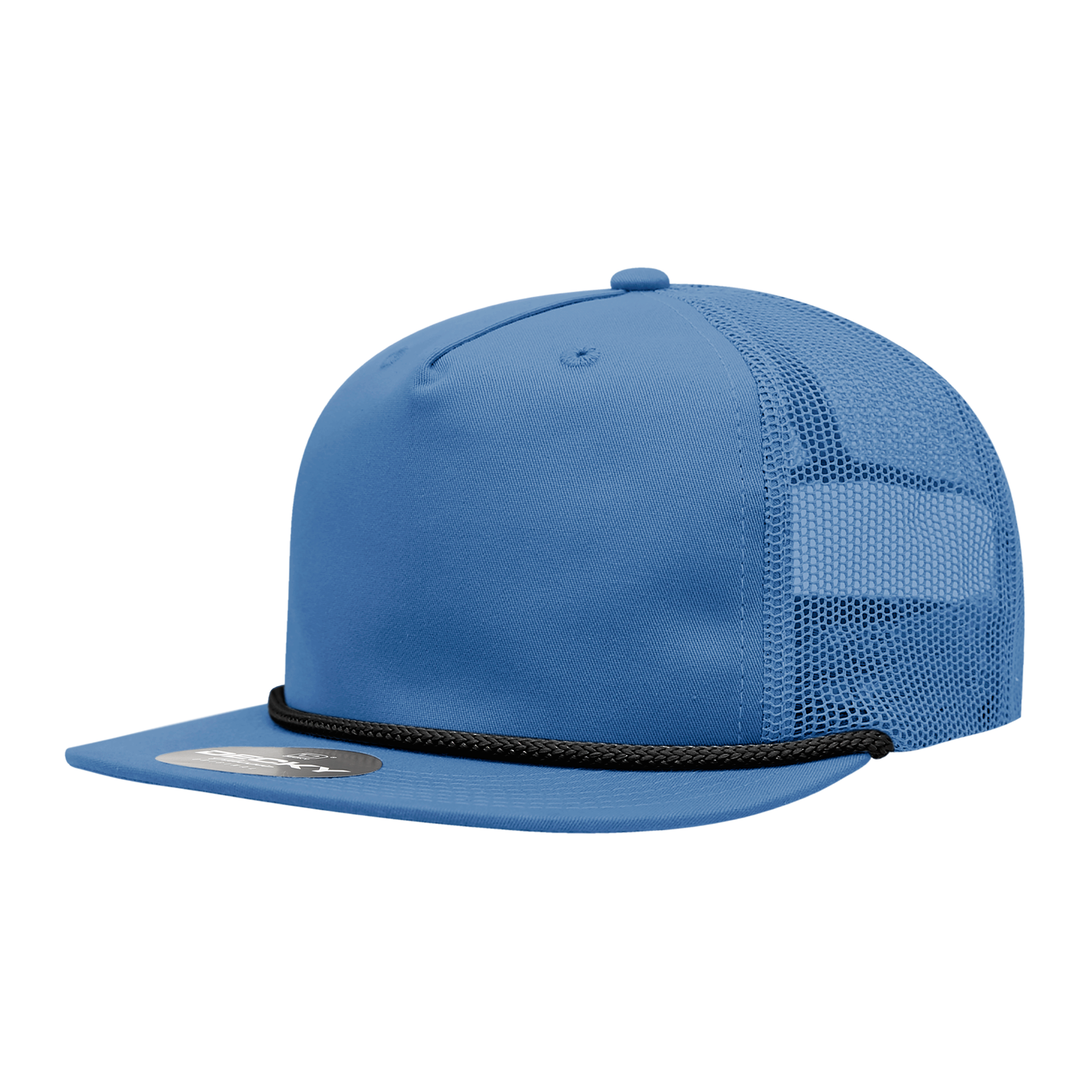 a royal mesh trucker hat with royal blue mesh and black braiding