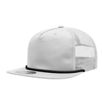 a white mesh trucker hat with black mesh and black braiding