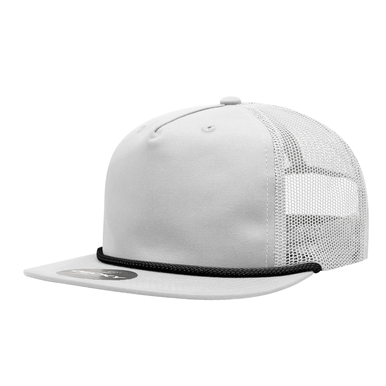 a white mesh trucker hat with black mesh and black braiding