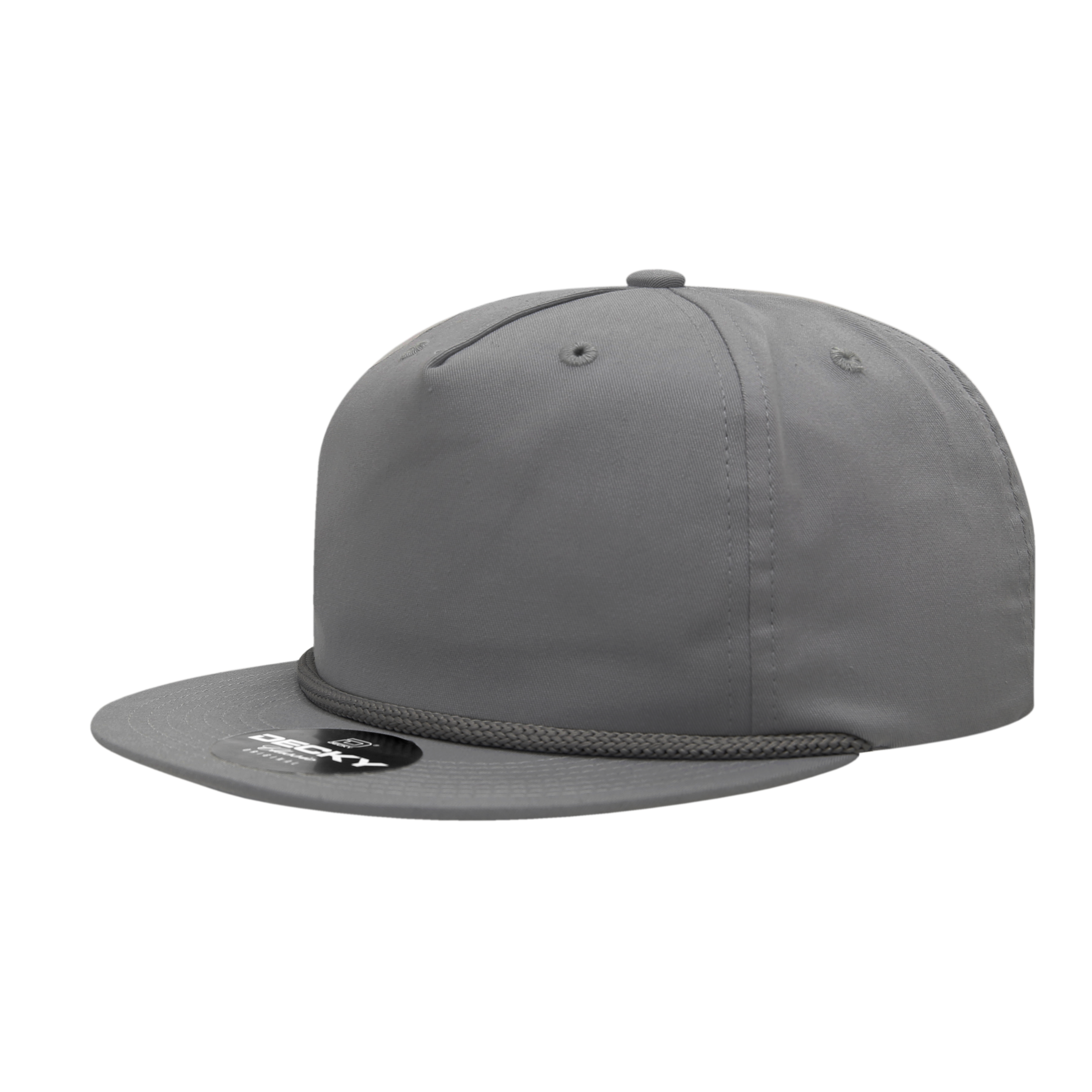 a grey hat with black braiding