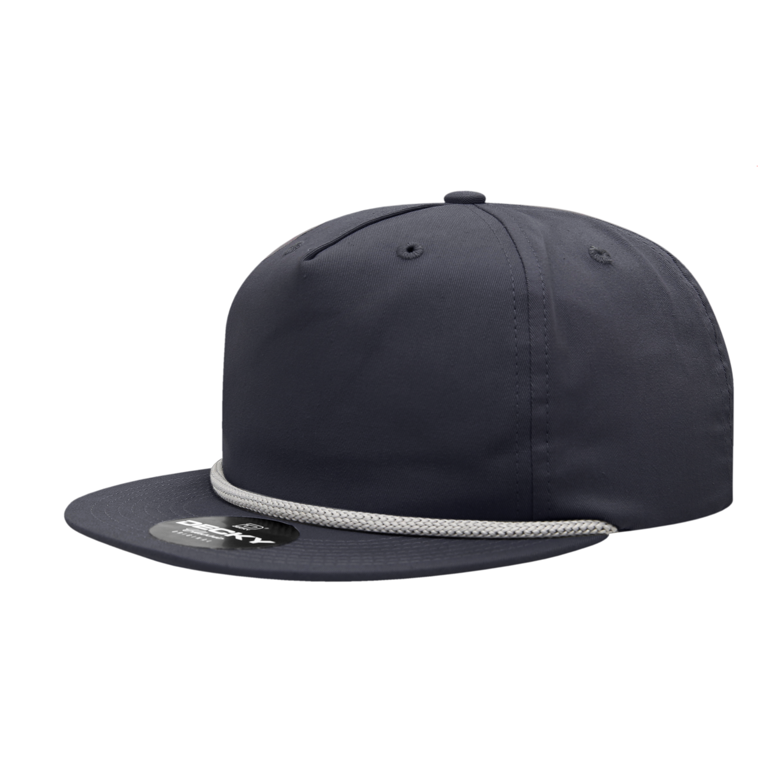 a navy blue hat with white braiding