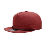 a red hat with black braiding
