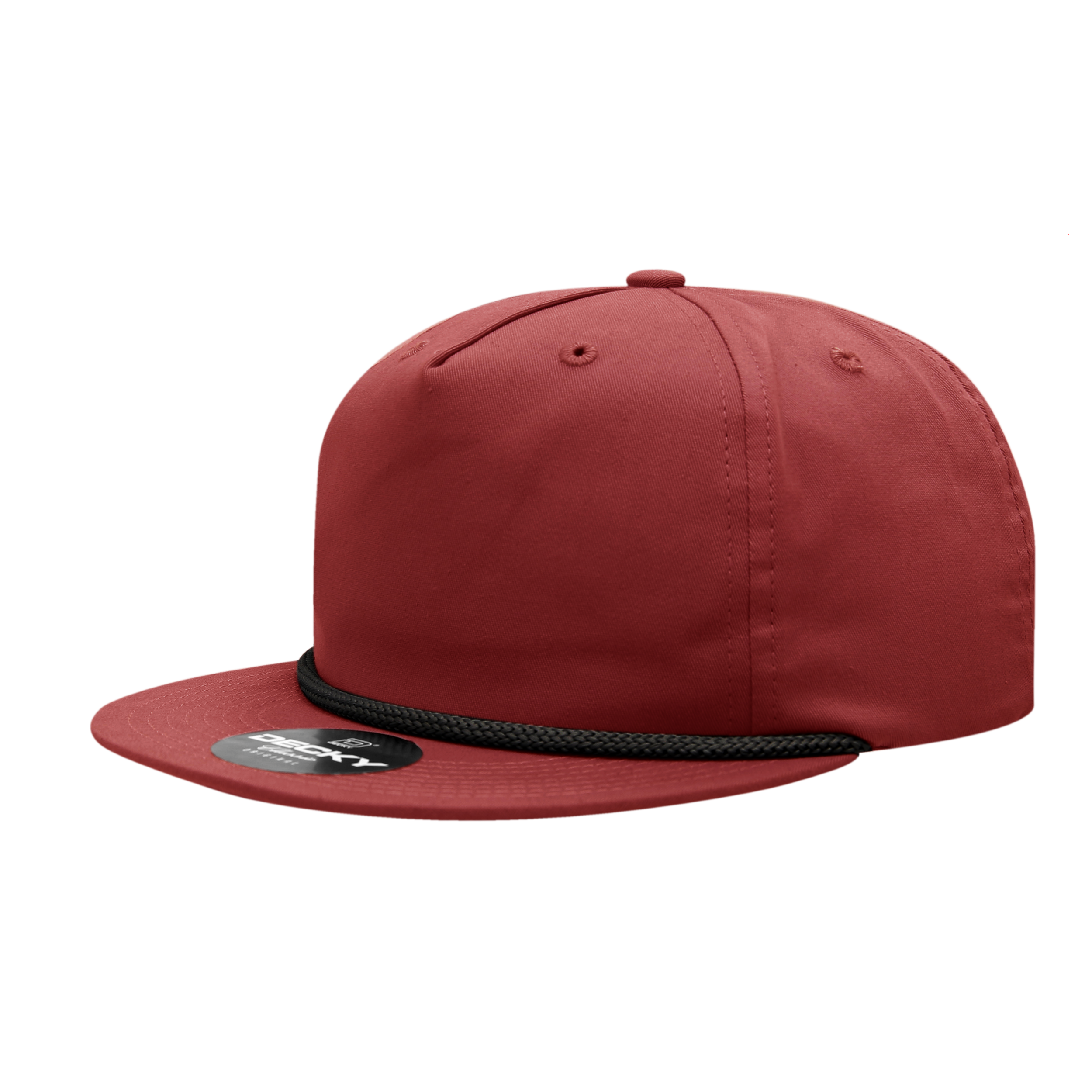 a red hat with black braiding