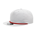 a white hat with red braiding