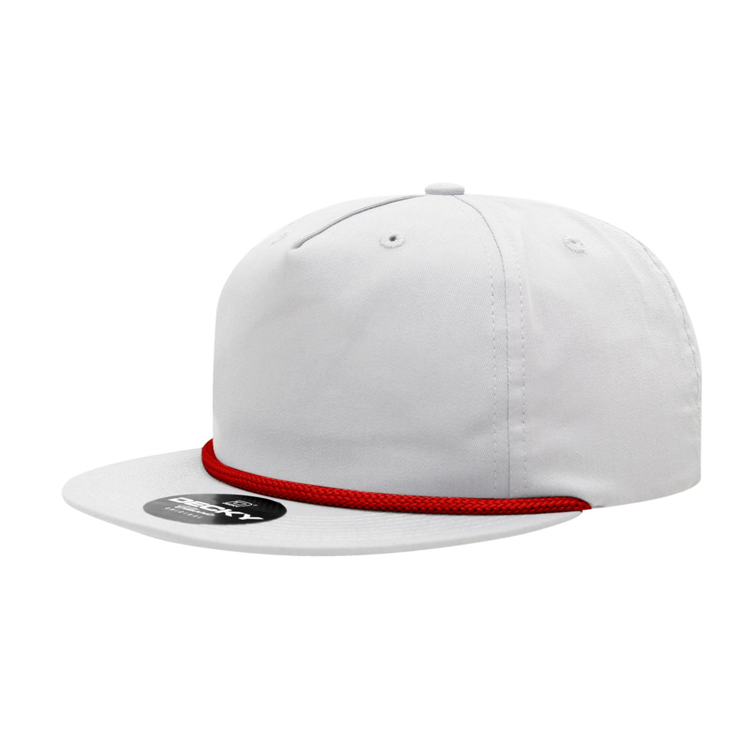 a white hat with red braiding